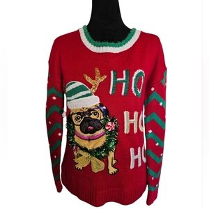 Women's Festive Pug Ugly Christmas Sweater  Red Size XS